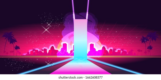 Abstract retro background, mountain night landscape, computer game, neon portal hologram of a magic door to another dimension, vector horizontal banner