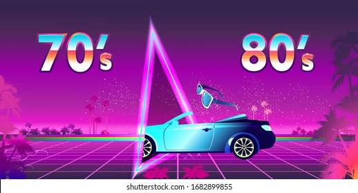 Abstract retro background, mountain night landscape, computer game, neon portal hologram of a magic door to another dimension, vector horizontal banner