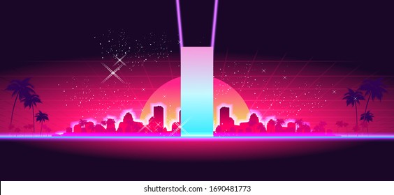 Abstract retro background, mountain night landscape, computer game, neon portal hologram of a magic door to another dimension, vector horizontal banner
