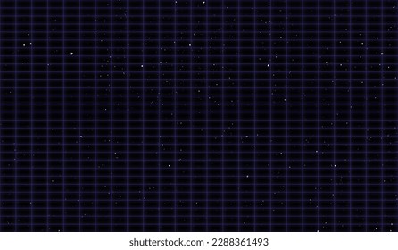 Abstract Retro Background with Neon Purple Grid.  Wireframe Lines on Dark Sky with Stars. Digital Y2k Metaverse Illustration