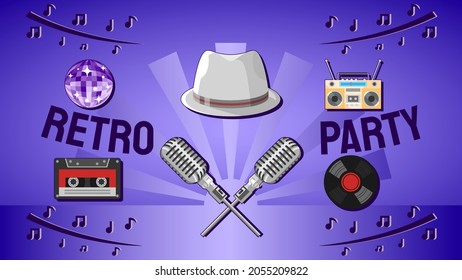 Abstract Retro Background Party Disco Ball Cassette Microphone Hat Vector Design Style