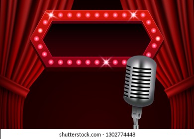 Abstract retro background with red curtains and vintage microphone, vector illustration