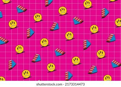 Abstract retro background with sad alien faces and stairs on a pink background. Vintage psychedelic illustration in geometric grid. Modern vector wallpaper EPS 10