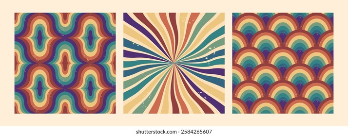 Abstract retro background set. Vintage colorful rainbow, swirl rays. Dirty grunge texture. Modern vector illustration for social media, home decor, fabric, wrapping paper, packaging