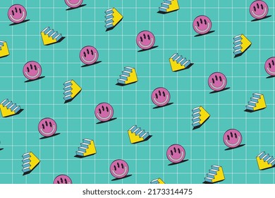 Abstract retro background with smiling alien faces and stairs on a pink background. Vintage psychedelic illustration in geometric grid. Modern vector wallpaper EPS 10