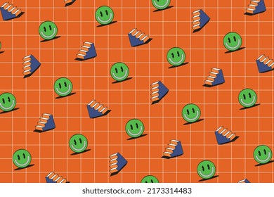 Abstract retro background with smiling faces and stairs on a pink background. Vintage psychedelic illustration in geometric grid. Modern vector wallpaper EPS 10