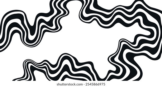 Abstract Retro Background with Wavy Black Lines, Monochrome, Psychedelic Art, Minimalism, Aesthetic, Groovy Poster, Stripes, Vintage, Vector Illustration