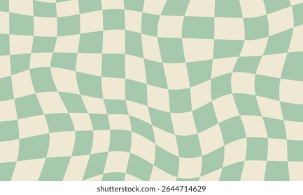 Abstract retro background with wavy checkerboard in warm vintage green tones. Psychedelic groovy design inspired by 70s aesthetics, perfect for posters, print, banners, social media graphics.