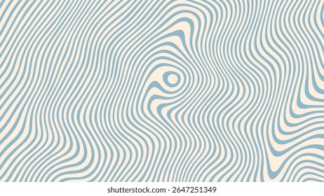 Abstract retro background with wavy lines. Blue and white distorted stripe pattern. Groovy psychedelic design for textile print and poster.