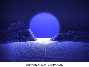 Abstract retro background with a wireframe landscape design