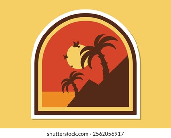 Abstract retro beach summer sunset background landscape flat sticker design
