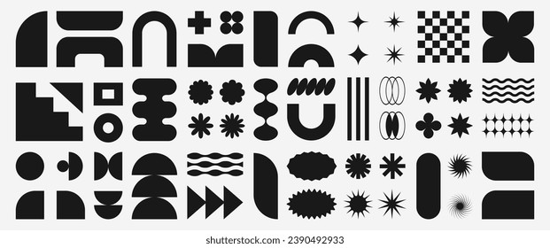 Abstract retro black shapes, basic brutal forms and figures in Y2K aesthetics, vintage stickers, logos, labels. Decorative design elements, vector illustration.