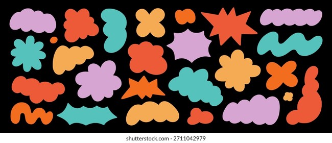 Conjunto de doodle de Formas de blob retro Abstractas. Formas cómicas de nubes y figuras orgánicas groovy en estilo sketch. Ilustración vectorial dibujada a mano aislada sobre fondo negro