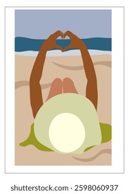 Abstract Retro Boutique Poster Woman On Vacation Travel On The Sunny Beach Making Heart In Hands Trendy Fashion Vector Design
