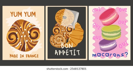 Abstract retro bright posters for the kitchen and cafe. Vintage food decor for wallpaper. Kitchen cartoon food art poster. Sweet pastries and desserts banner for wall decor. Macarons, croissants, buns