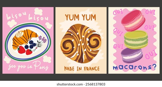 Abstract retro bright posters for the kitchen and cafe. Vintage food decor for wallpaper. Kitchen cartoon food art poster. Sweet pastries and desserts banner for wall decor. Macarons, croissants, buns