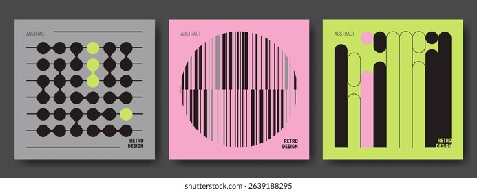 Abstract retro brutalist design posters with geometric patterns - minimalist compositions with circles, lines and metaball shapes on vibrant bg. Modern graphic art collection for branding presentation