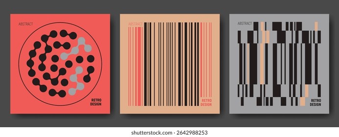 Abstract retro brutalist design posters - minimalist geometric compositions with metaball dots and vertical bars. Bold graphic layouts for modern covers, branding or architectural presentations.