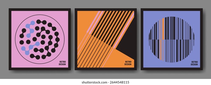 Abstract retro brutalist design posters - minimalist geometric compositions with metaball dots and vertical bars. Bold graphic layouts for modern covers, branding or architectural presentations.