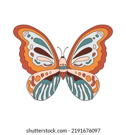 Abstract retro butterfly 70s 60s groovy hippie vector illustration isolated on white. Cute boho print for t shirt, sticker