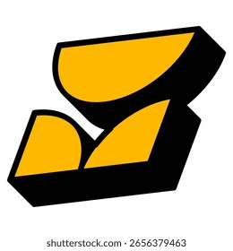 Abstract Retro cartoon 3D shape in yellow. Modern abstract vector design element of a geometric shapes with black outline and shadow