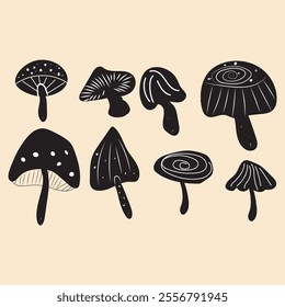 abstract retro cartoon groovy hippie funky style monochrome mushrooms vector illustration