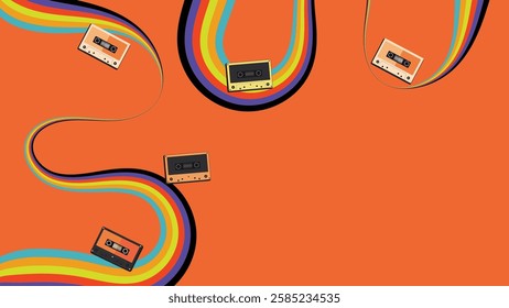 Abstract Retro Cassette Tape Background with Colorful Rainbow Lines on Orange