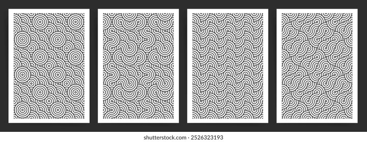 Abstract Retro Circle and Wave Seamless Pattern Set. Vector Geometric Black and White Line Art for A4 Poster, Brochure, or Flyer.