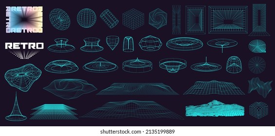 Abstract retro collection is a trending mixture modern diverse design elements. Cyberpunk retro futurism set, vaporwave. Digital elements for web design. New collection trendy geometric shapes.