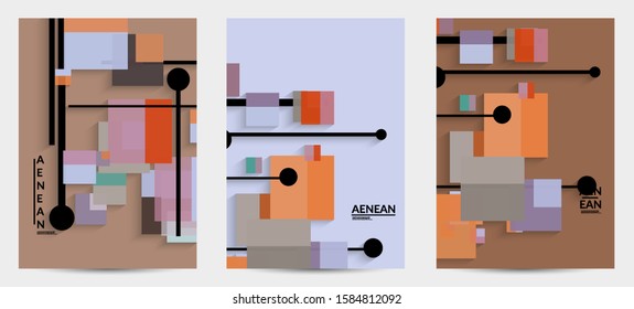 Abstract retro colored mid century background. Modern material design with overlapping geometric shapes. Realistic shadow of paper cut craft. Template with different levels of paper surfaces.