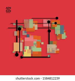 Abstract retro colored mid century background. Modern material design with overlapping geometric shapes. Realistic shadow of paper cut craft. Template with different levels of paper surfaces.