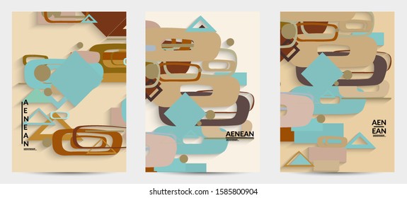 Abstract retro colored mid century background. Modern material design with overlapping geometric shapes. Realistic shadow of paper cut craft. Template with different levels of paper surfaces.
