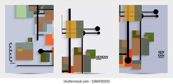 Abstract retro colored mid century background. Modern material design with overlapping geometric shapes. Realistic shadow of paper cut craft. Template with different levels of paper surfaces.