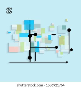 Abstract retro colored mid century background. Modern material design with overlapping geometric shapes. Realistic shadow of paper cut craft. Template with different levels of paper surfaces.
