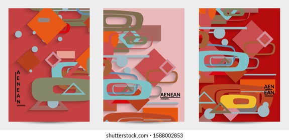 Abstract retro colored mid century background. Modern material design with overlapping geometric shapes. Realistic shadow of paper cut craft. Template with different levels of paper surfaces.