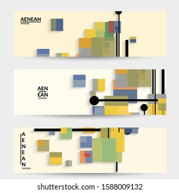Abstract retro colored mid century background. Modern material design with overlapping geometric shapes. Realistic shadow of paper cut craft. Template with different levels of paper surfaces.