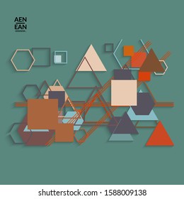 Abstract retro colored mid century background. Modern material design with overlapping geometric shapes. Realistic shadow of paper cut craft. Template with different levels of paper surfaces.