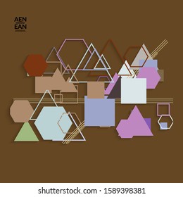Abstract retro colored mid century background. Modern material design with overlapping geometric shapes. Realistic shadow of paper cut craft. Template with different levels of paper surfaces.