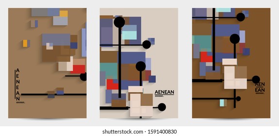 Abstract retro colored mid century background. Modern material design with overlapping geometric shapes. Realistic shadow of paper cut craft. Template with different levels of paper surfaces.