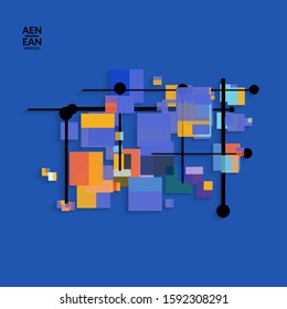 Abstract retro colored mid century background. Modern material design with overlapping geometric shapes. Realistic shadow of paper cut craft. Template with different levels of paper surfaces.