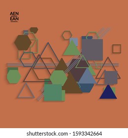 Abstract retro colored mid century background. Modern material design with overlapping geometric shapes. Realistic shadow of paper cut craft. Template with different levels of paper surfaces.