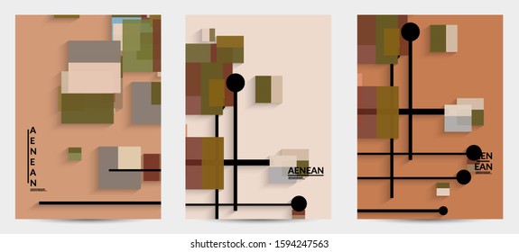 Abstract retro colored mid century background. Modern material design with overlapping geometric shapes. Realistic shadow of paper cut craft. Template with different levels of paper surfaces.