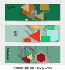 Abstract retro colored mid century background. Modern material design with overlapping geometric shapes. Realistic shadow of paper cut craft. Template with different levels of paper surfaces.