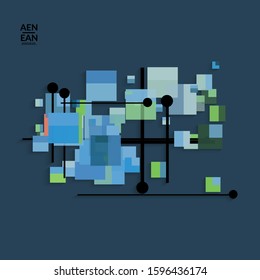 Abstract retro colored mid century background. Modern material design with overlapping geometric shapes. Realistic shadow of paper cut craft. Template with different levels of paper surfaces.