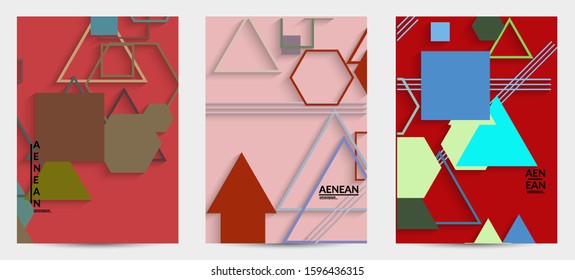 Abstract retro colored mid century background. Modern material design with overlapping geometric shapes. Realistic shadow of paper cut craft. Template with different levels of paper surfaces.