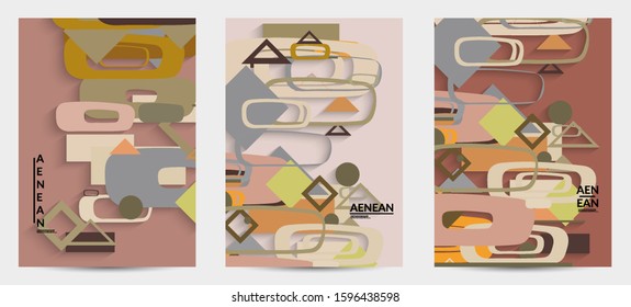 Abstract retro colored mid century background. Modern material design with overlapping geometric shapes. Realistic shadow of paper cut craft. Template with different levels of paper surfaces.