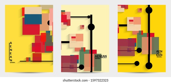 Abstract retro colored mid century background. Modern material design with overlapping geometric shapes. Realistic shadow of paper cut craft. Template with different levels of paper surfaces.