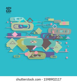 Abstract retro colored mid century background. Modern material design with overlapping geometric shapes. Realistic shadow of paper cut craft. Template with different levels of paper surfaces.