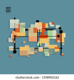 Abstract retro colored mid century background. Modern material design with overlapping geometric shapes. Realistic shadow of paper cut craft. Template with different levels of paper surfaces.