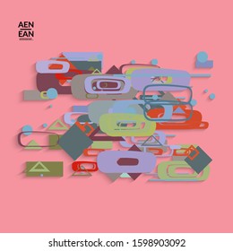 Abstract retro colored mid century background. Modern material design with overlapping geometric shapes. Realistic shadow of paper cut craft. Template with different levels of paper surfaces.